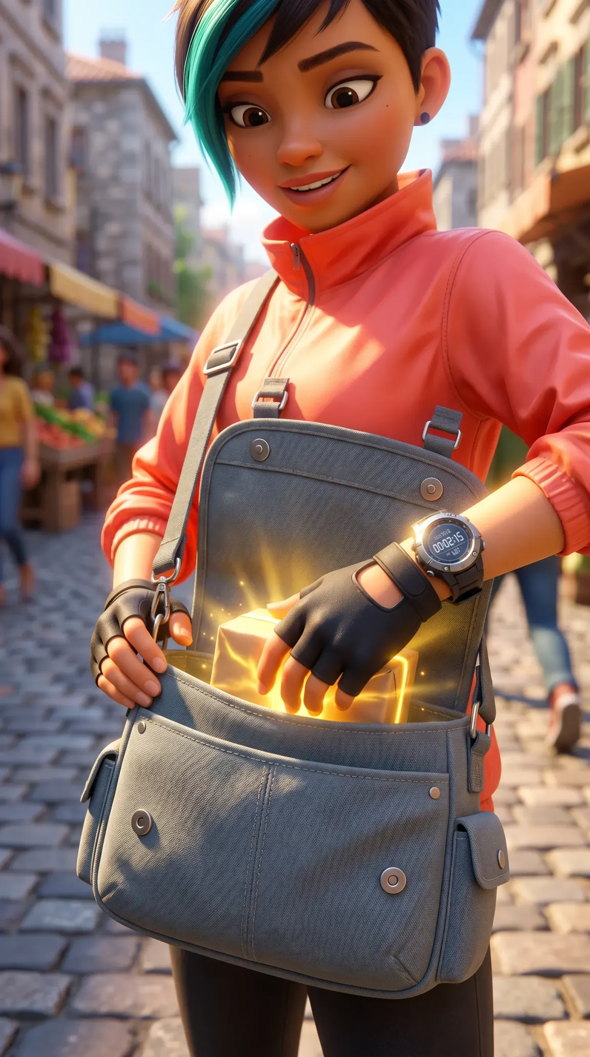 Close-up of the courier sliding a package into her satchel, a watch on her wrist