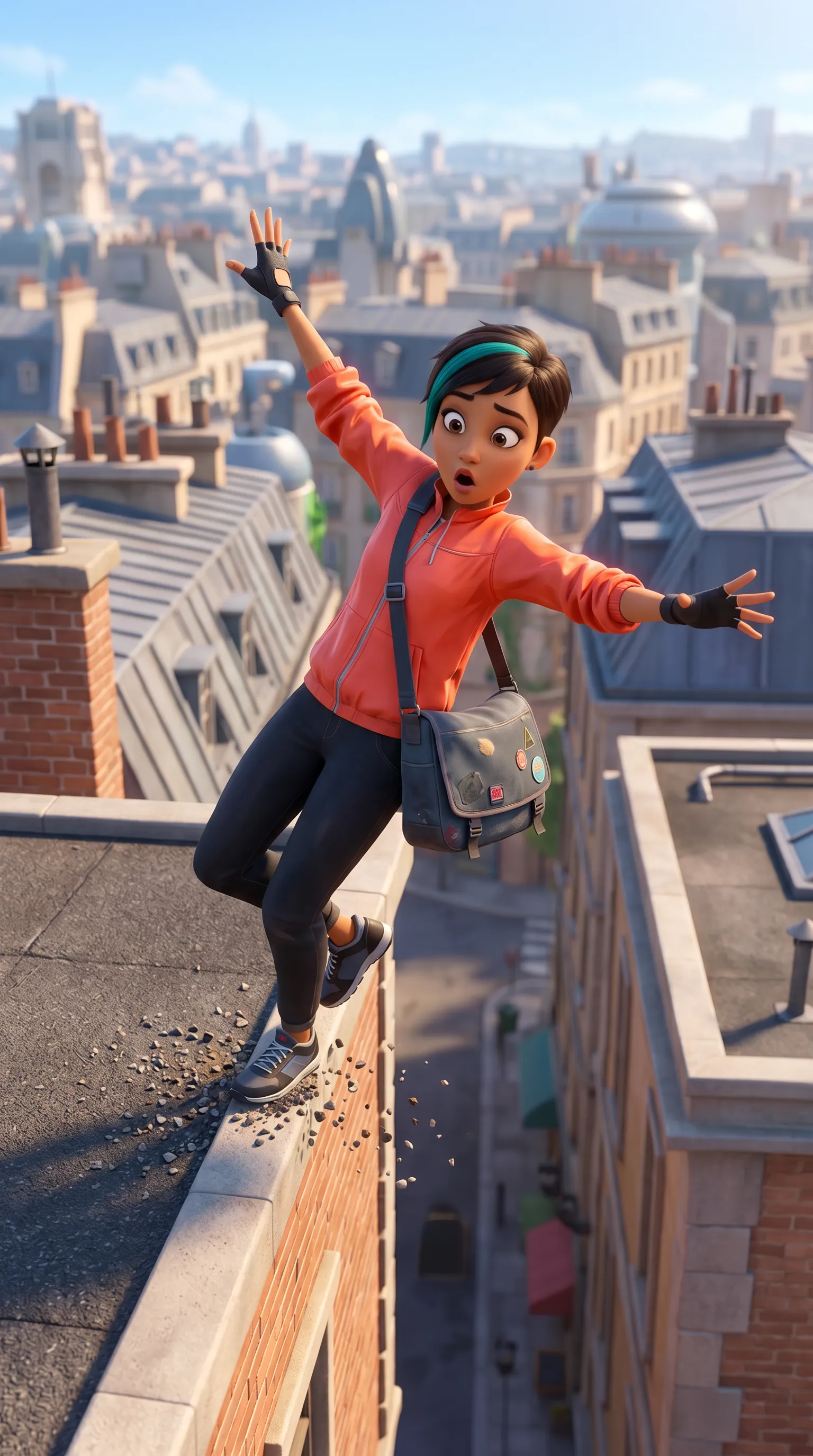 The courier skidding to a stop at a rooftop edge with a surprised expression