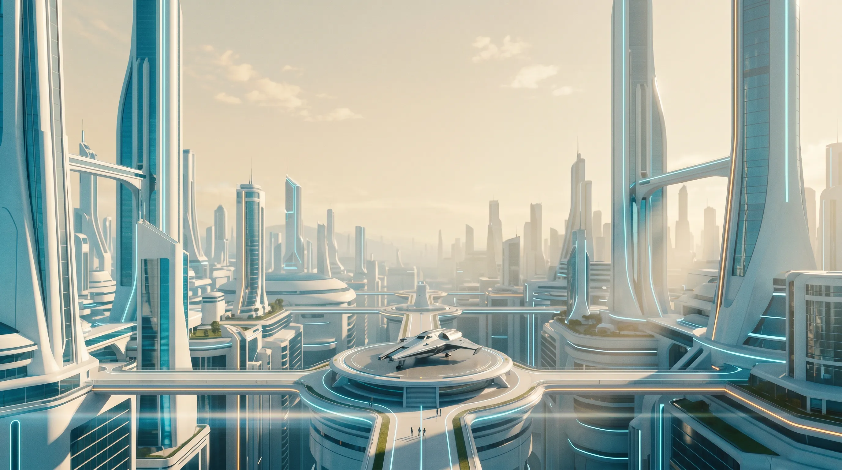 A city of white towers in morning haze