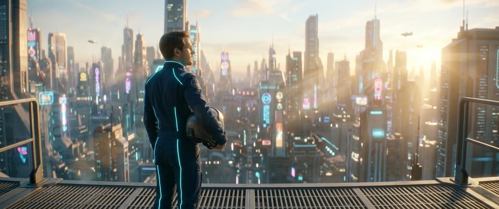 The pilot standing in silhouette against a radiant cosmic horizon