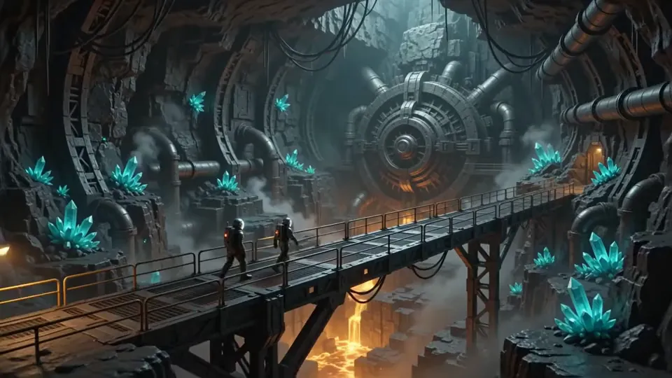 Two figures on a gantry inside a vast reactor hall