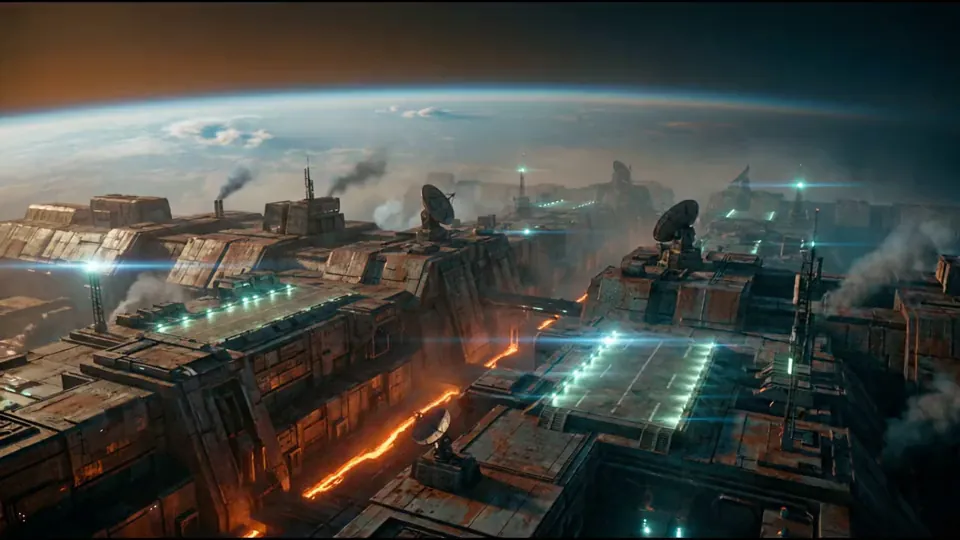 A station drifting above a planet at dawn