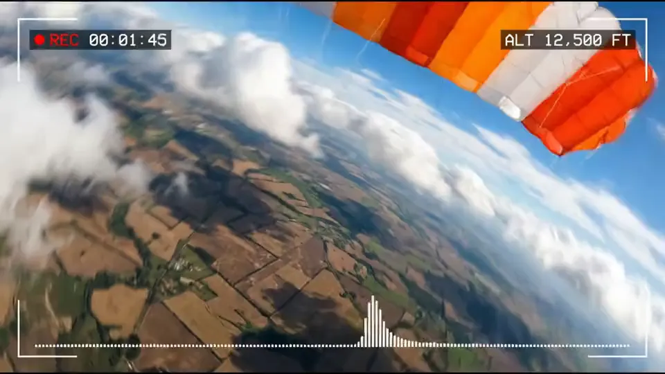 A skydiver's point of view as the parachute opens